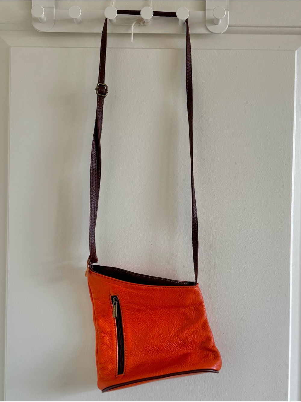 Orange Leather Crossbody Bag with Brown Strap